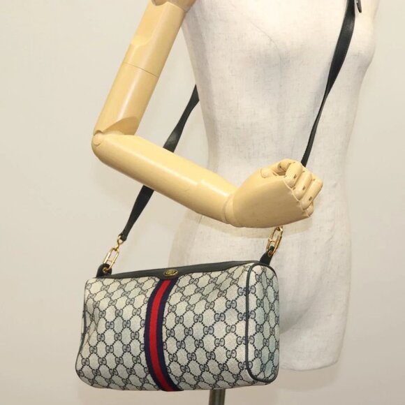 GUCCI GG Supreme Sherry Line Shoulder Bag PVC Navy Gold 89 02 017 Auth 140789 - Picture 1 of 16